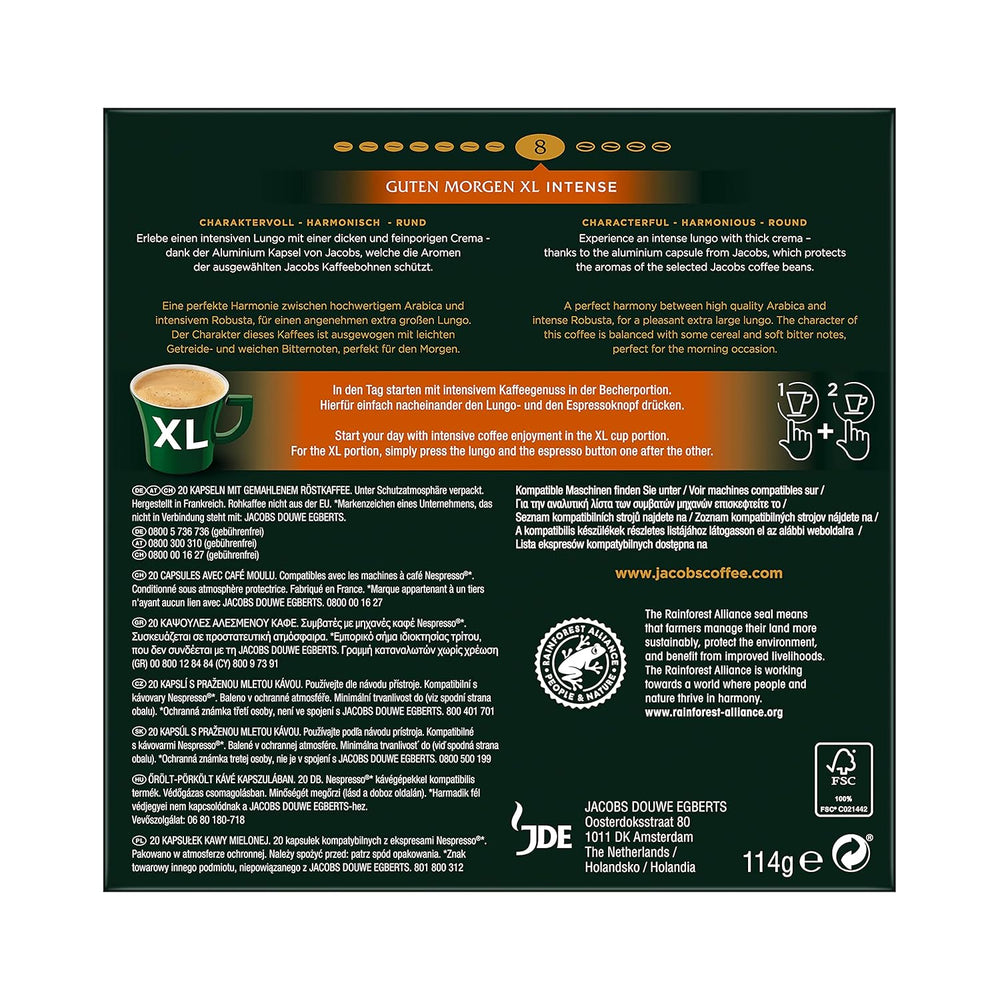 Jacobs Kaffeekapseln Guten Morgen XL Intense - 10er Pack (10 x 20 Getränke) & Kaffeekapseln Lungo Classico, Intensität 6 von 12, 20 Nespresso®* kompatible Kapseln, 10 x 20 Getränke