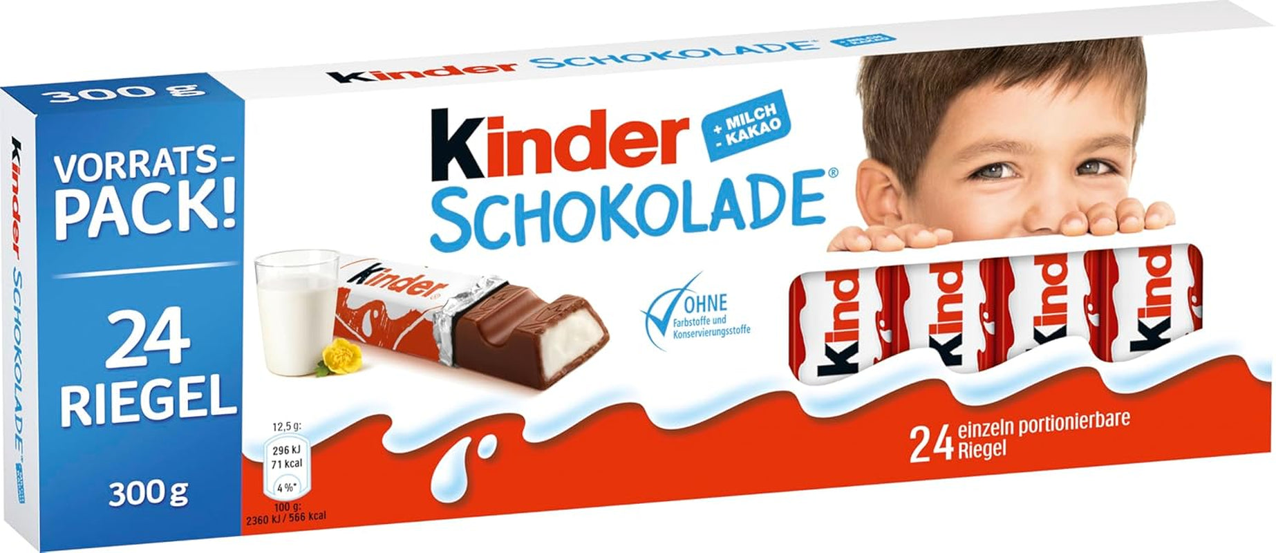 Kinder Chocolate - Barres de chocolat au lait fourrées - 1 paquet contenant 24 barres individuelles (24 x 12,5 g).