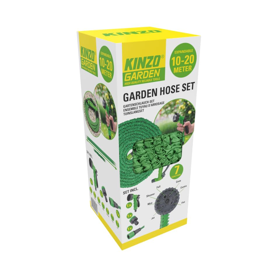Furtun flexibil de grădină Kinzo 20 m – incl. accesoriu furtun – Furtun flexibil cu cap de pulverizare cu 7 poziții de pulverizare – Plastic – Verde/Gri