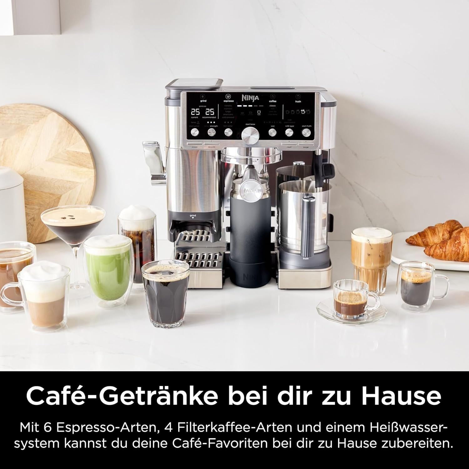 Ninja Luxe Pro Cafetière 3 en 1 avec moulin et mousseur pour latte, cappuccino, infusion à froid et expresso, facile à utiliser, 5 préréglages de mousseur, argent, ES701EU