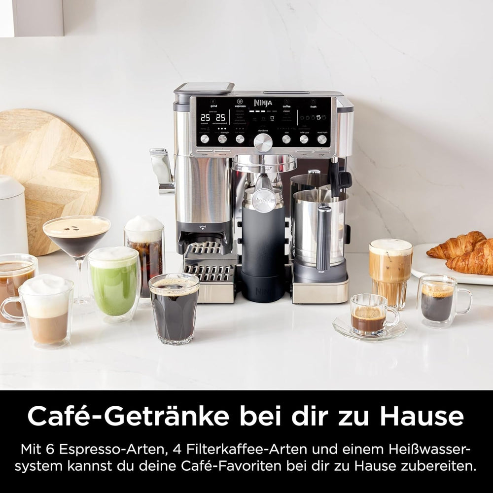 Ninja Luxe Pro Cafetière 3 en 1 avec moulin et mousseur pour latte, cappuccino, infusion à froid et expresso, facile à utiliser, 5 préréglages de mousseur, argent, ES701EU