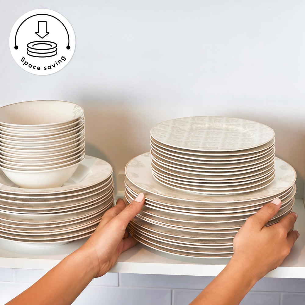 Karaca Elegance Bone Siena - set de veselă pentru 12 persoane, set modern de farfurii din porțelan, set de veselă cu boluri pentru supă, platou de servire, farfurii adânci, farfurii pentru desert - alb și auriu