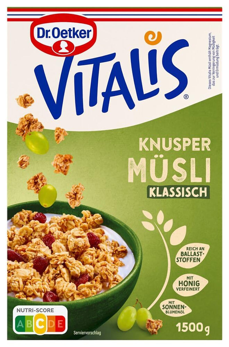 Dr. Oetker Vitalis Classic Crispy Muesli : Grand paquet de muesli croustillant pour petit-déjeuner aux raisins secs, 1 paquet, 1,5 kg