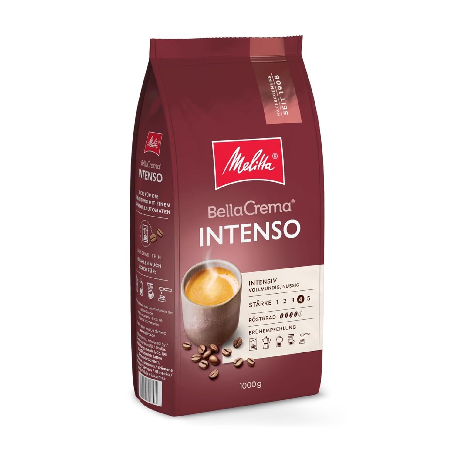Melitta BellaCrema Intenso Whole Kaffee-Bohnen 1kg, ungemahlen, Kaffeebohnen für Kaffee-Vollautomat, kräftige Röstung, geröstet in Deutschland, Stärke 4