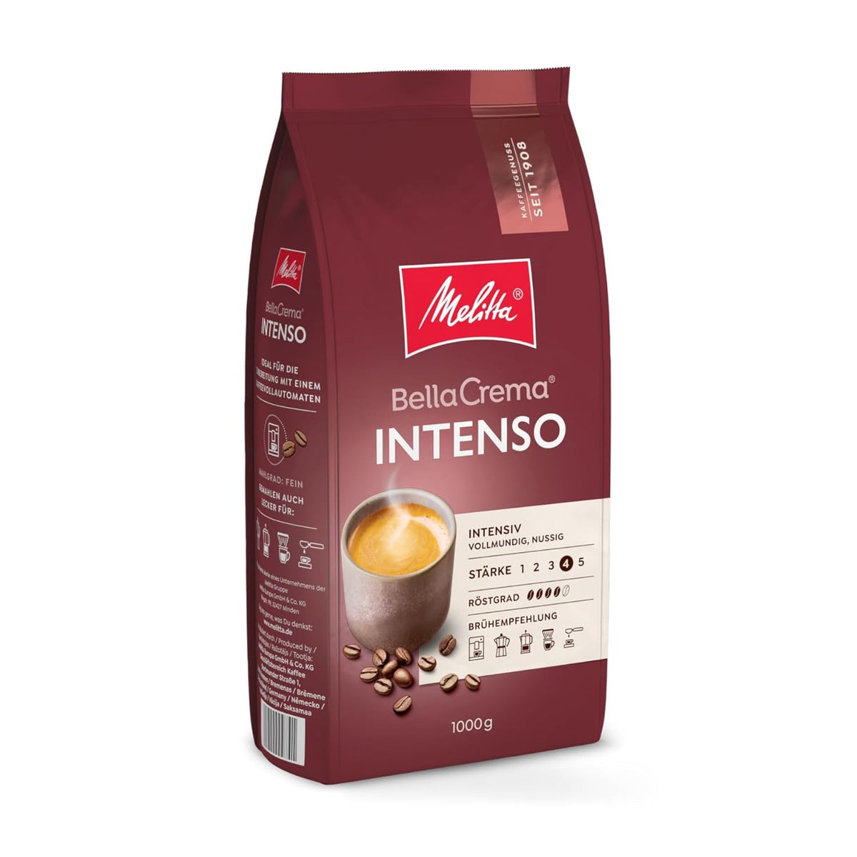 Melitta BellaCrema Intenso Whole Kaffee-Bohnen 1kg, ungemahlen, Kaffeebohnen für Kaffee-Vollautomat, kräftige Röstung, geröstet in Deutschland, Stärke 4