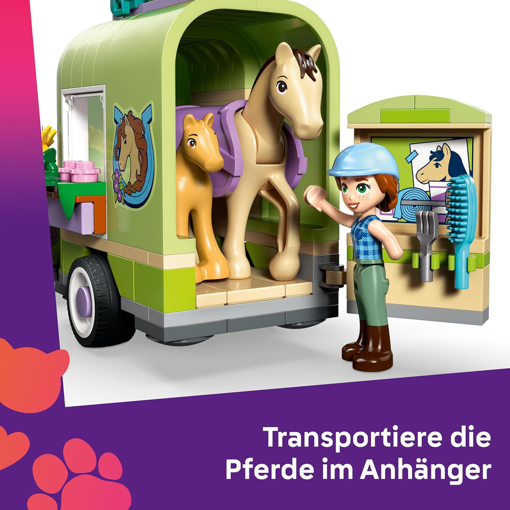LEGO Friends Pferd and Fohlen mit Pferdeanhänger - Pferde Spielset mit Pflegezubehör, 4 Tierfiguren, Auto & 2 Mini Puppen - Geschenkeidee zum Geburtstag für Mädchen ab 7 Jahren - 42695