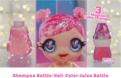 MGA Glitter Babyz - LILA WILDBLOOM - Poupée bébé avec 3 changements de couleurs magiques dans l'eau glacée - avec cheveux lilas pailletés, tenue de fleurs sauvages, couche, biberon et tétine - pour les enfants à partir de 3 ans