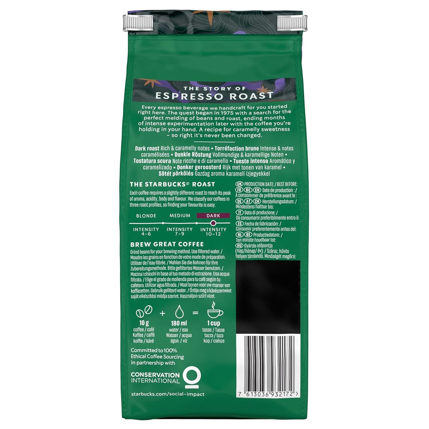 STARBUCKS Espresso Roast, torréfaction noire, grains de café entiers 200 g (paquet de 6)