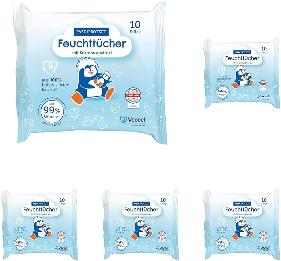 PAEDIPROTECT Lingettes humides pour bébé 1 x 10 pièces Lingettes humides à l'eau pour bébé sensible 99 % d'eau sans parfum Bébé et enfants Peau délicate Extrait de noix de coco Sans microplastique végétalien (paquet de 5)
