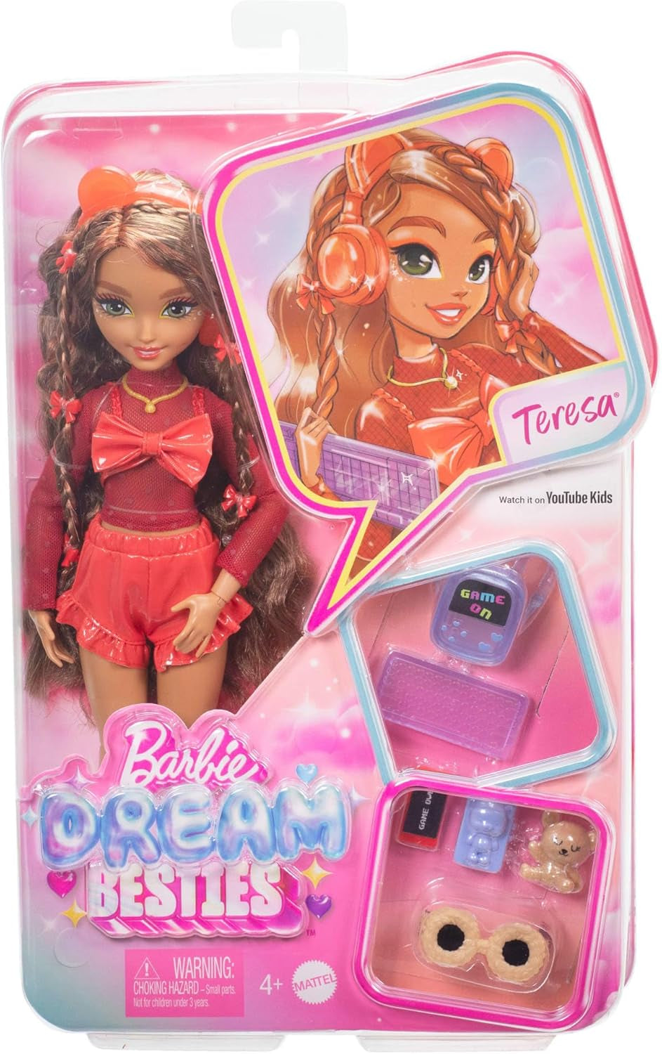 Poupée Barbie Dream Besties et accessoires, poupée mannequin Teresa mobile avec cheveux bruns et pinces à cheveux, 10 pièces sur le thème du jeu vidéo, HYC23 Naty Shop Dolls