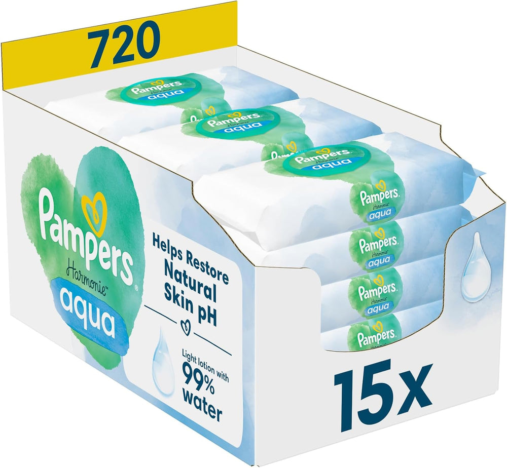 Lingettes humides Pampers Harmony Aqua, 15 paquets de 48 lingettes chacun – 720 lingettes au total, aidant à restaurer l'équilibre naturel du pH de la peau, lotion légère 99 % d'eau