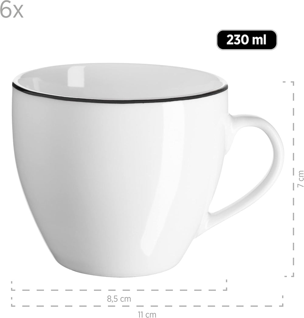 Mäser Nola Series Service à café moderne pour 6 personnes Blanc avec bord noir Service de table 18 pièces Tasses à café Soucoupes et assiettes à dessert – Service à café rond Service à café Blanc