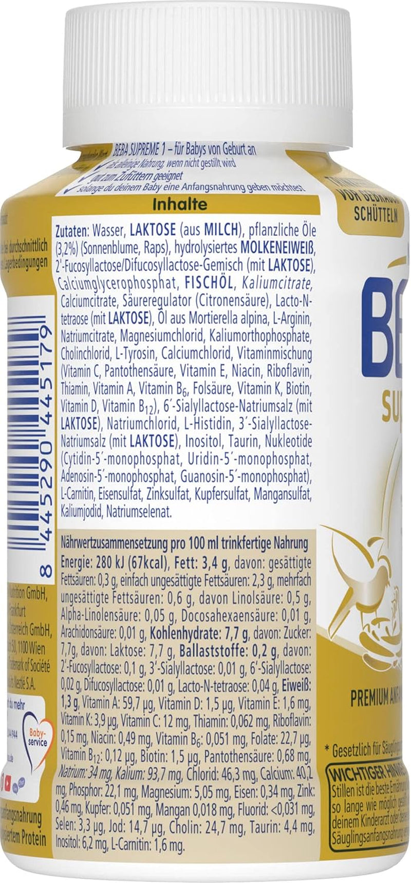 BEBA Nestlé BEBA SUPREME 1 Lait infantile : biberons prêts à boire avec Oméga 3, pack de 4 (1 x 200 ml)