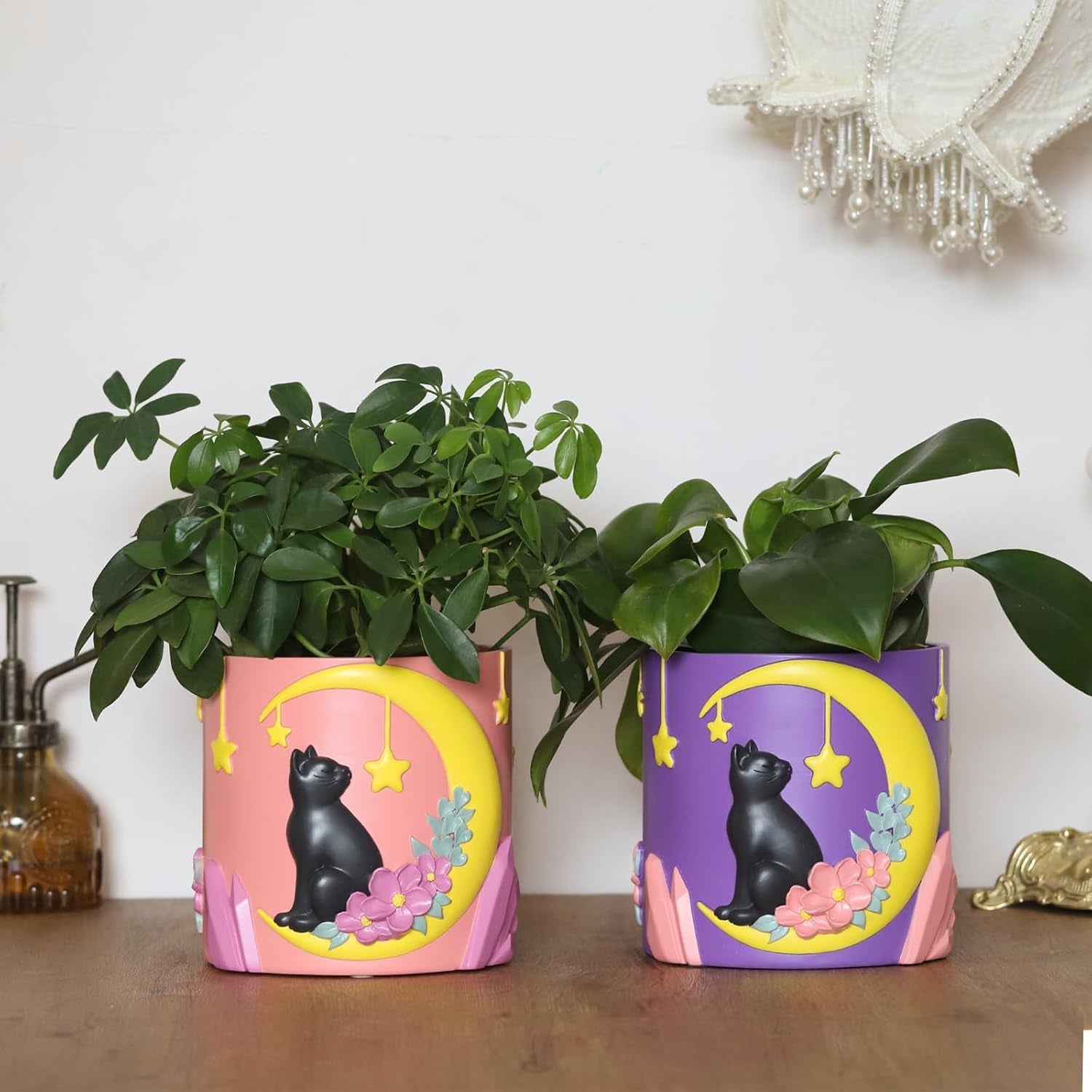 GUGUGO Pots de Fleurs Chat Lune Mignon, Pot de Fleur Unique avec Drainage, Couleurs Arc-en-Ciel, Petits Pots de Plantes d'intérieur, Pots de Jardin Succulents Amusants, Cadeau, Décoration de la Maison (C)