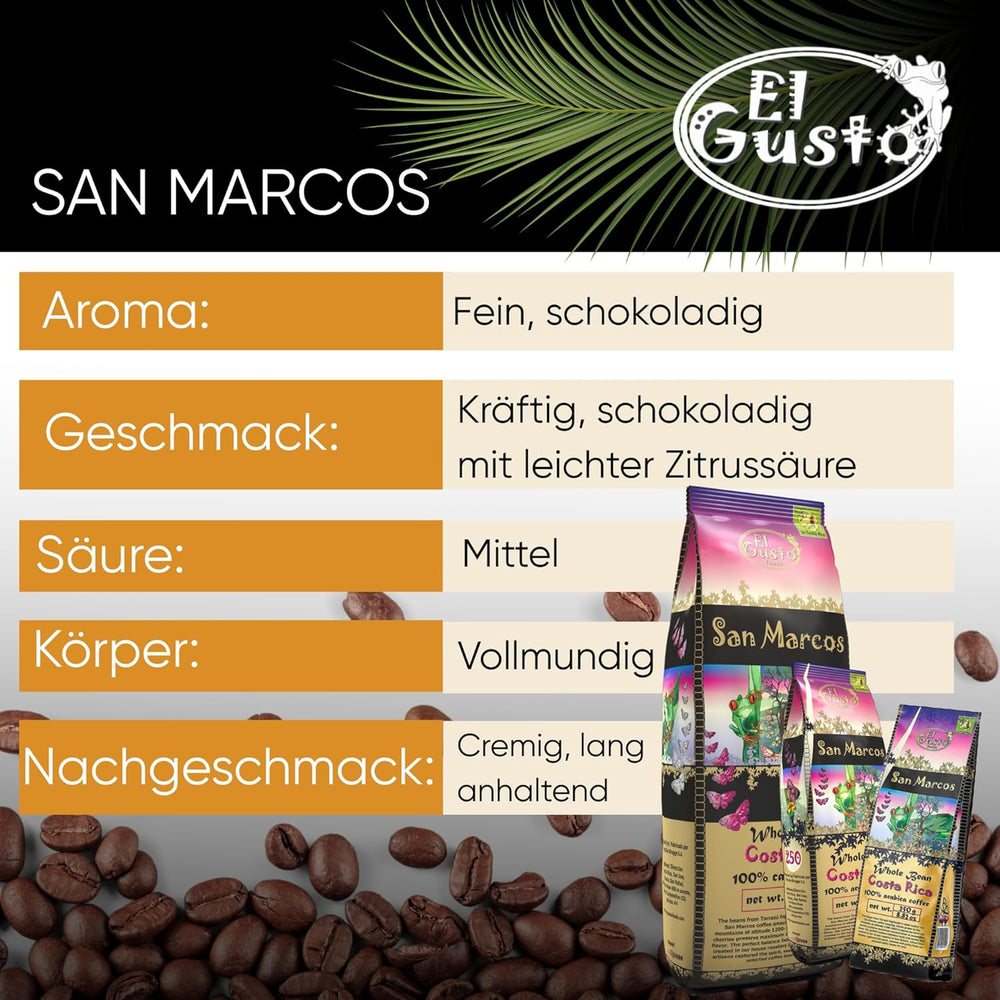 El Gusto San Marcos Café spécialisé | Ganzen Bohnen Mittlere Röstung | Café gastronomique avec Schokoladenaroma mit leichter Zitrussäure | Café 100 % Arabica du Costa Rica | Café de spécialité | 250 g