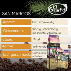 El Gusto San Marcos Café spécialisé | Ganzen Bohnen Mittlere Röstung | Café gastronomique avec Schokoladenaroma mit leichter Zitrussäure | Café 100 % Arabica du Costa Rica | Café de spécialité | 250 g