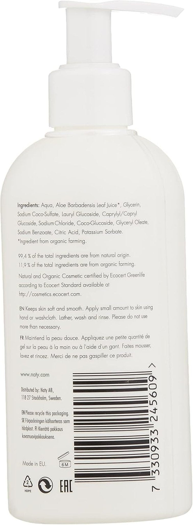 Eco by Naty, gel douche pour enfants, ingrédients végétaux biologiques avec 0% de parfum, hypoallergénique et testé dermatologiquement, flacon 200 ml Enfants - Bain et Soin Naty Shop