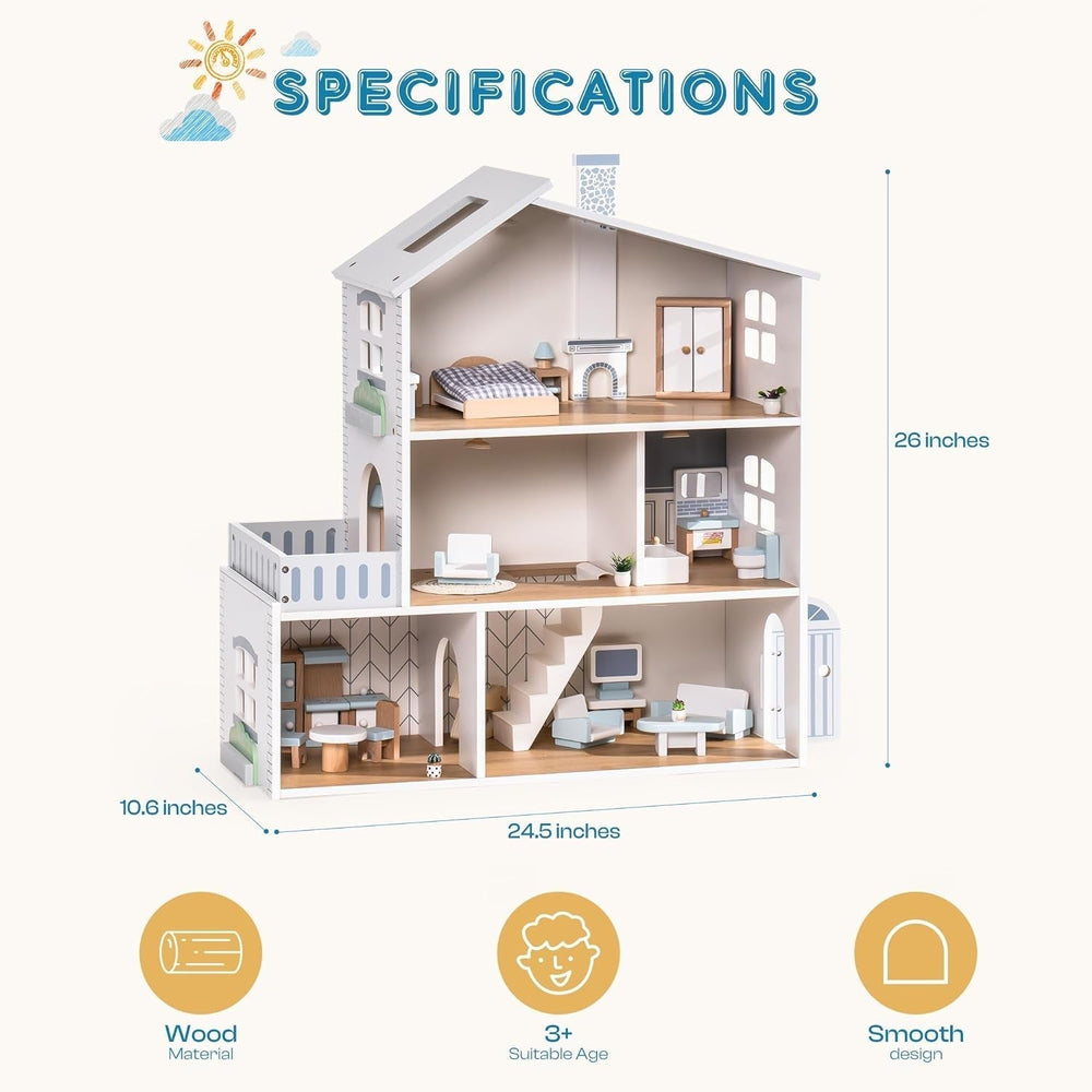 Casă de păpuși din lemn cu lumini, 3 etaje, inclusiv mobilier și scări, jucărie pentru copii cu vârsta de peste 3 ani Casute de papusi Naty Shop