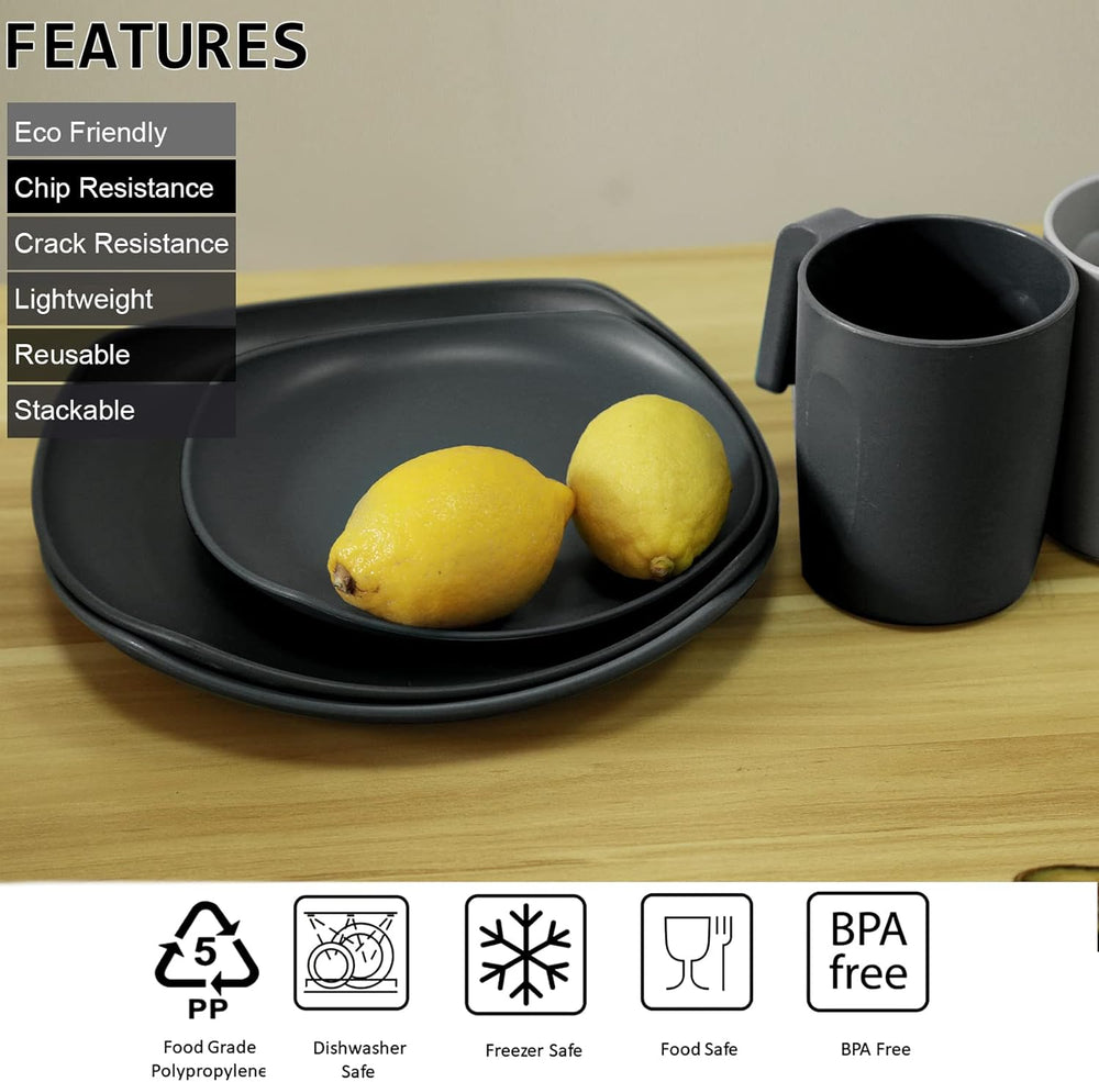 Ensemble de vaisselle en PP | Service de table léger et indestructible de 16 pièces pour enfants et adultes, 4 assiettes, 4 assiettes à dessert, 4 bols, 4 tasses, ensemble combiné pour 4 personnes