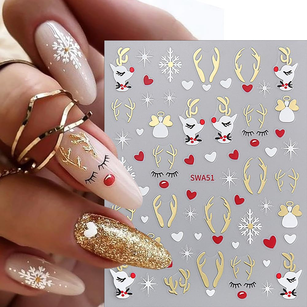 Autocolante de unghii cu fulgi de zăpadă și desene animate, autocolante de unghii de Crăciun, autoadezive, design de unghii de Crăciun, artă pentru unghii, cerbi, fulgi de zăpadă, autocolante de unghii de Crăciun, accesorii pentru unghii de iarnă