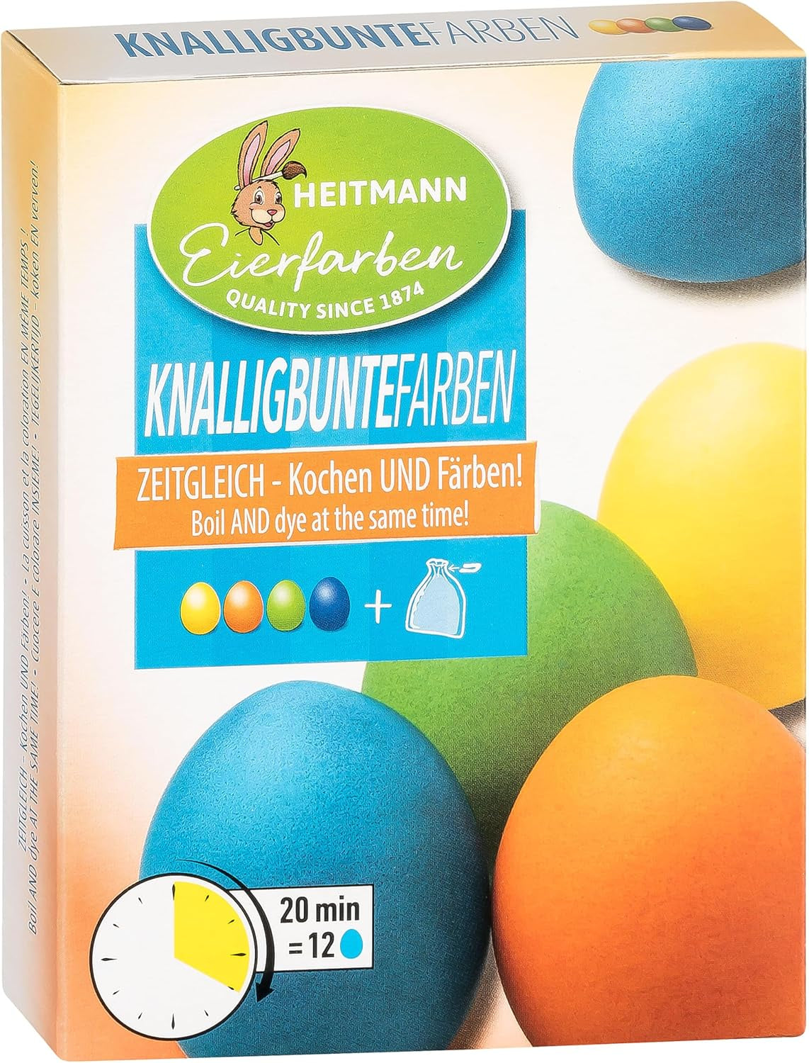 Heitmann Egg Dyes Bright Colors - 4 flacons de teinture pour œufs (jaune, orange, vert, bleu), 2 rehausseurs de couleur, 4 sacs de teinture, 4 clips