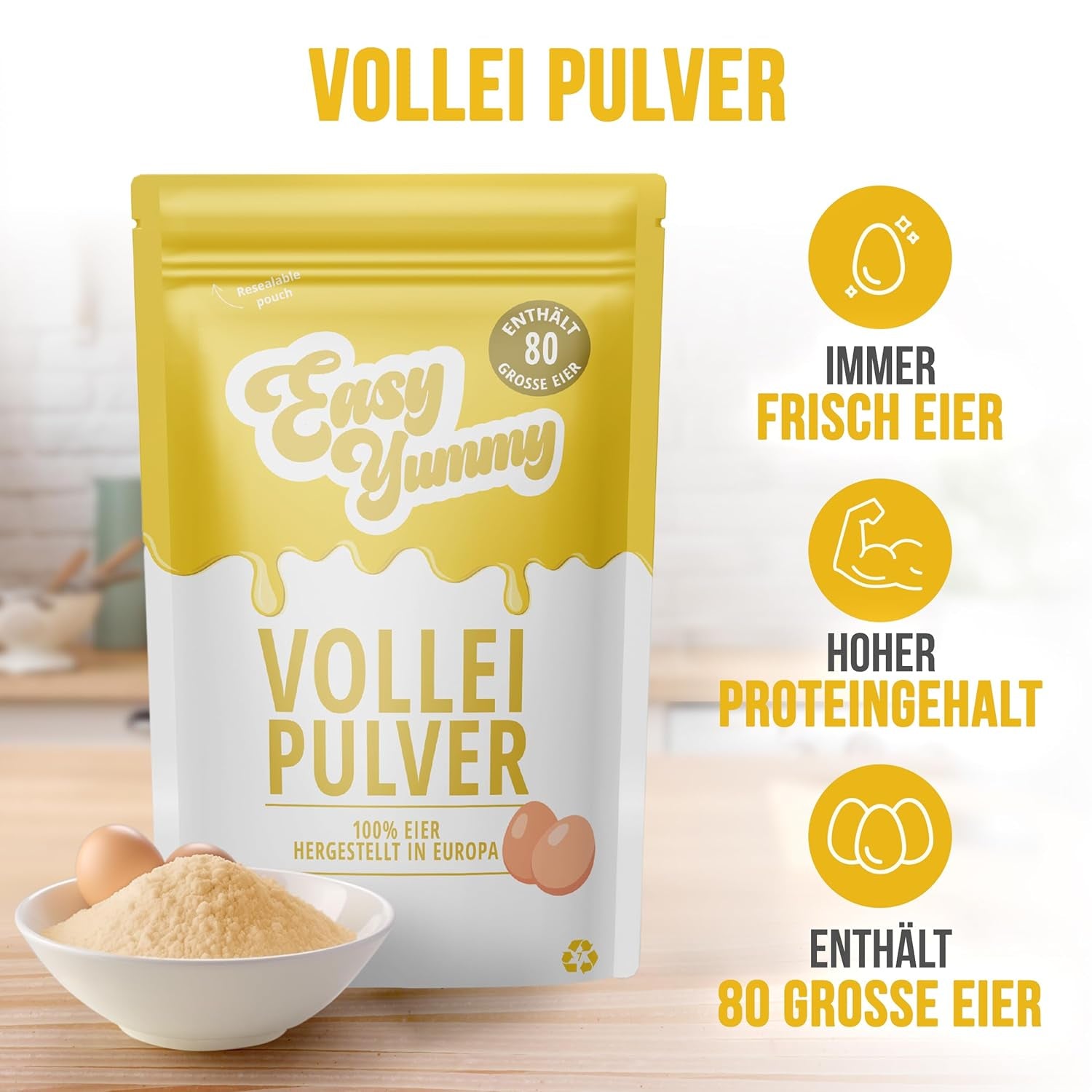 EASY YUMMY - Vollei-Eipulver (1000g = 80 Eier) aus Regionalen Niederländischen Freiland-Eiern | mythe 1-Ei-Messlöffel | Wiederverschließbarer Beutel, longue Haltbarkeit | Rührei, Cuisines, Backen | 100% eux