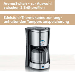 Machine à expresso SEVERIN "TypeSwitch" avec carafe thermique, AromaSwitch pour choisir entre 2 profils de distribution, machine à café jusqu'à 10 tasses, 1000W, acier inoxydable brossé-noir, KA 4845