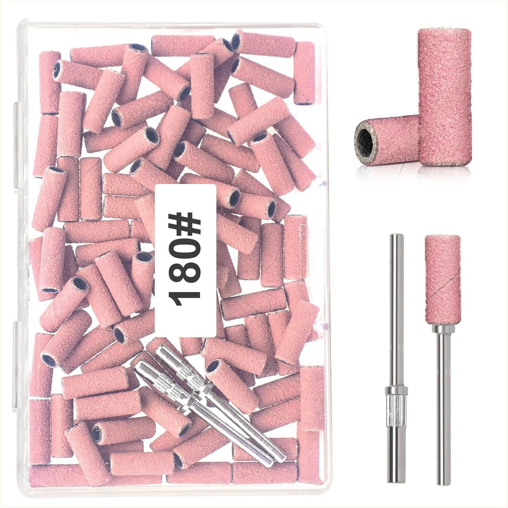 BLESWIN 100 petites bandes abrasives pour forets à ongles, grain fin 240 avec 2 forets de 3 mm, mini bandes abrasives pour polir les ongles naturels et nettoyer les cuticules pour la préparation, rose