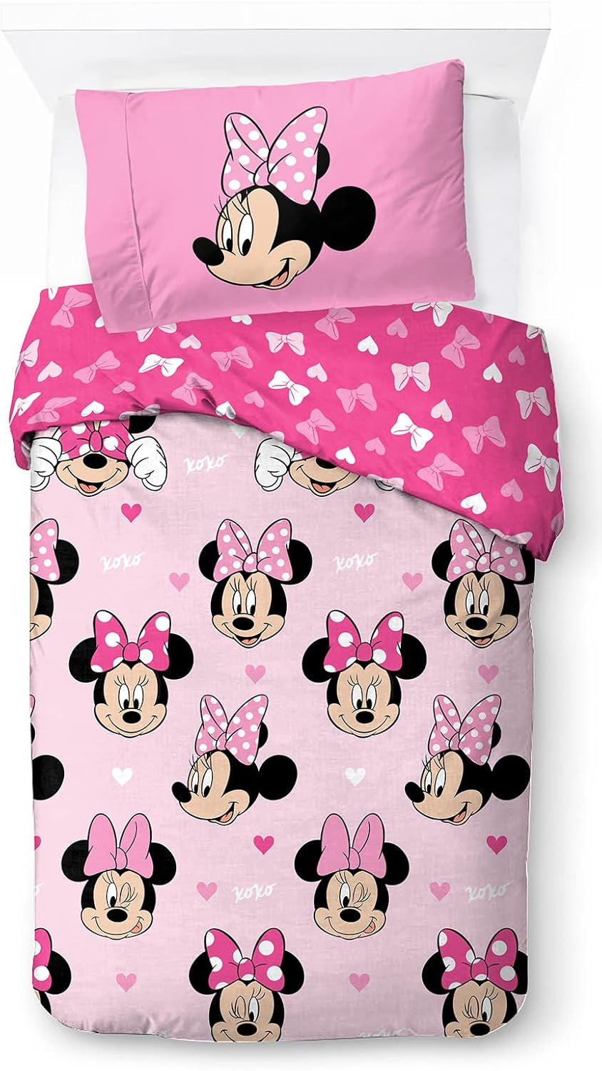Parure de lit enfant personnages Disney 100% coton Parure de lit enfant Naty Shop Rose - Minnie Mouse 135X200/50X70 (2 Pièces)