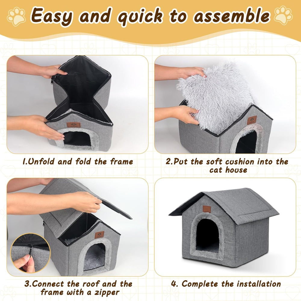 Katzenhaus Outdoor Winterfest, Katzenhöhle, Hundehöhle mit Abnehmbarem Plüschkissen, Wasserdicht Wetterfester, Hundehütte Indoor, Hundehaus für Drinnen/Indoor 35x30x35cm (Grau, S)