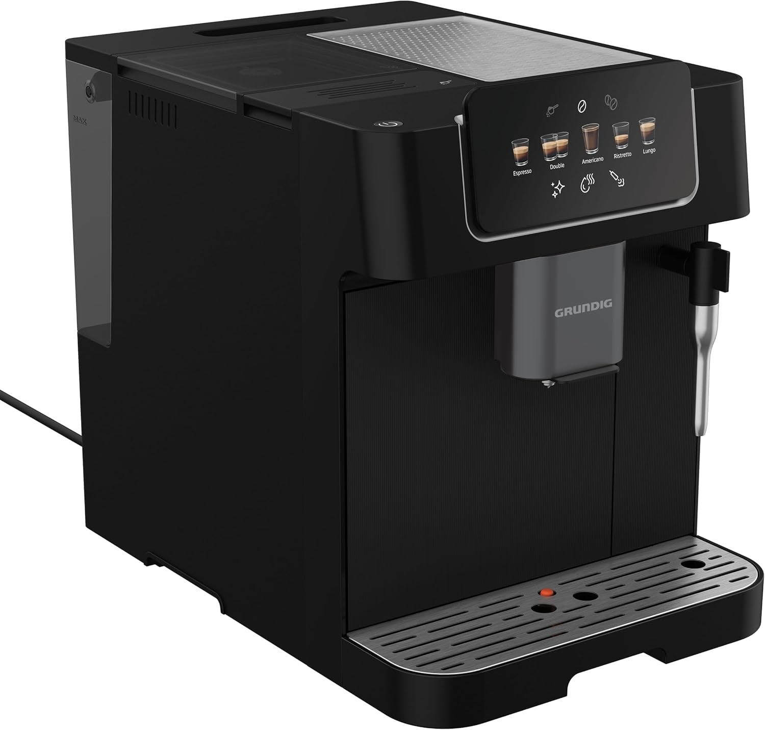 Machine à expresso entièrement automatique GRUNDIG KVA 6230 avec mousseur à lait, moulin en acier inoxydable avec 13 niveaux de mouture, réservoir à grains 250 g, réservoir d'eau amovible 2 litres, pression de pompe 19 bar, écran tactile, noir