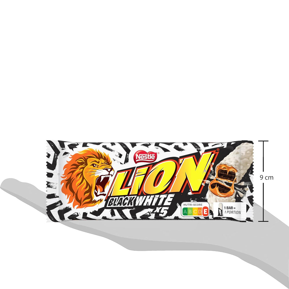 LION Tablette de chocolat Noir & Blanc, un snack au goût intense, chocolat croquant et chips croquantes, fourrage brownie, une expérience gourmande unique, 1 paquet (5 x 30g)