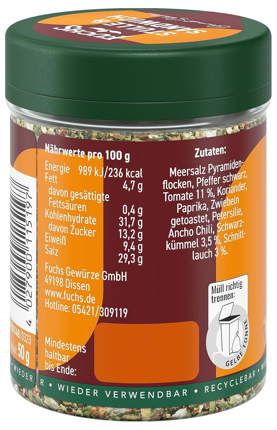 Fuchs Gewürze - Stulle und Sandwich Gewürz - Garniture croustillante au beurre avec des flocons de pyramides et des zwiebeln - aus natürliche Ingrédient - 50 g dans une dose variable, recyclable