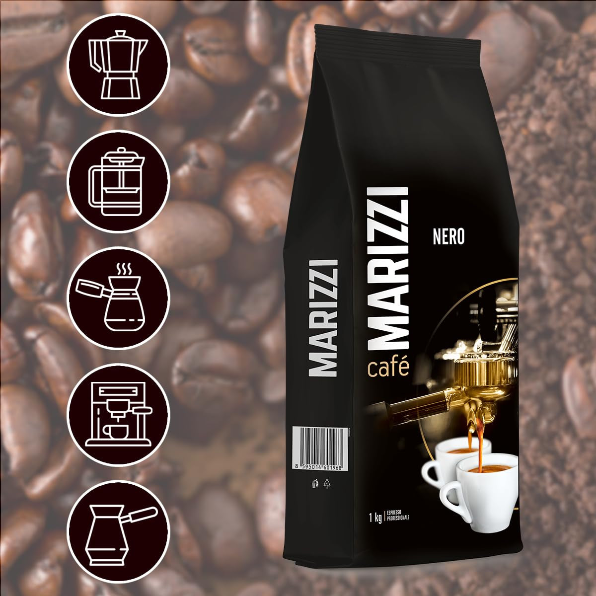 MARIZZI - Nero - 100% Arabica, Whole Kaffeebohnen - 1kg, Frisch, Dunkel Geröstet, Nussiger Nachgeschmack, Ideal Für Gastronomie, Büro & Zuhause, Italienische Kaffeegenuss, Aus Besten Ernte Amerikas