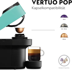 Machine à expresso avec capsules Nespresso Krups Vertuo Pop, capacité : 560 ml, reconnaissance automatique des capsules, système One Touch, 4 tailles de tasse, temps de chauffe raccourci, durable, Aqua Mint, XN9204