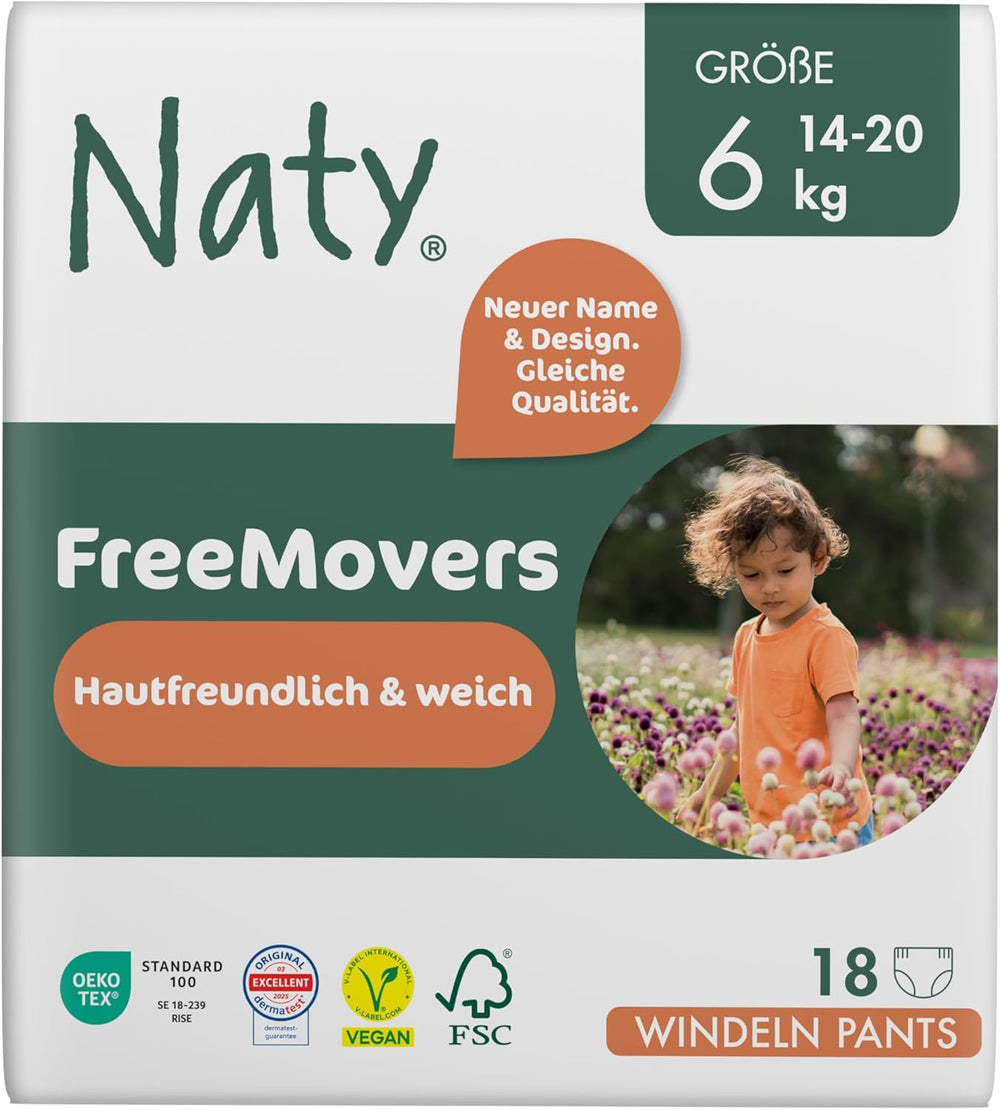 Couches pour bébé Naty FreeMovers | Couvre-couches certifiés respectueux de la peau | Doux et sans parfum | Absorbant et étanche | Testé dermatologiquement Taille 5 (12-18 kg) | 80 pièces