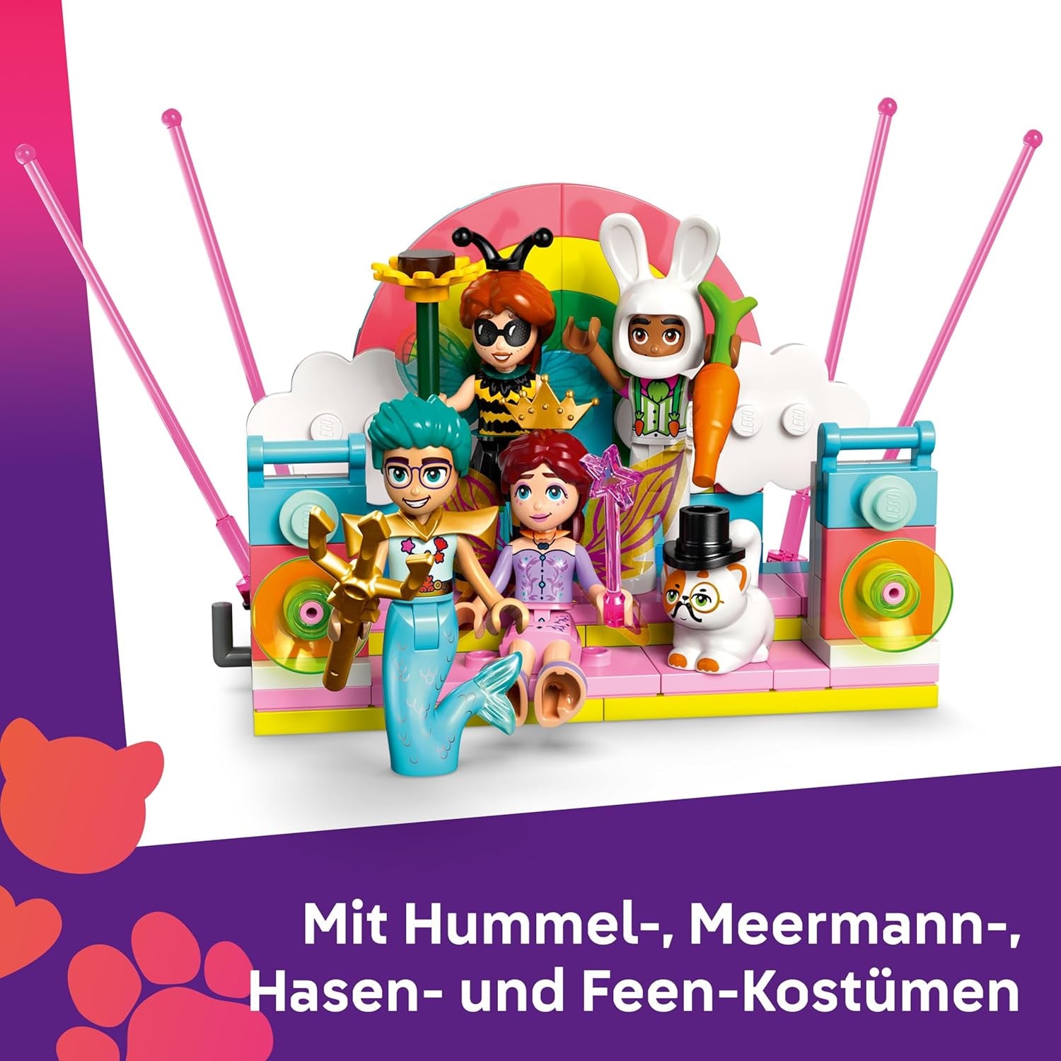 LEGO Friends Fête costumée avec un cornet et des frais - Un jeu pour les filles à partir de 6 ans - Une fille, un DJ-Pult, 4 mini-poupées, le Katze Churro et un Pferdefigur sowie lustigem Zubehör - Idée cadeau - 42661