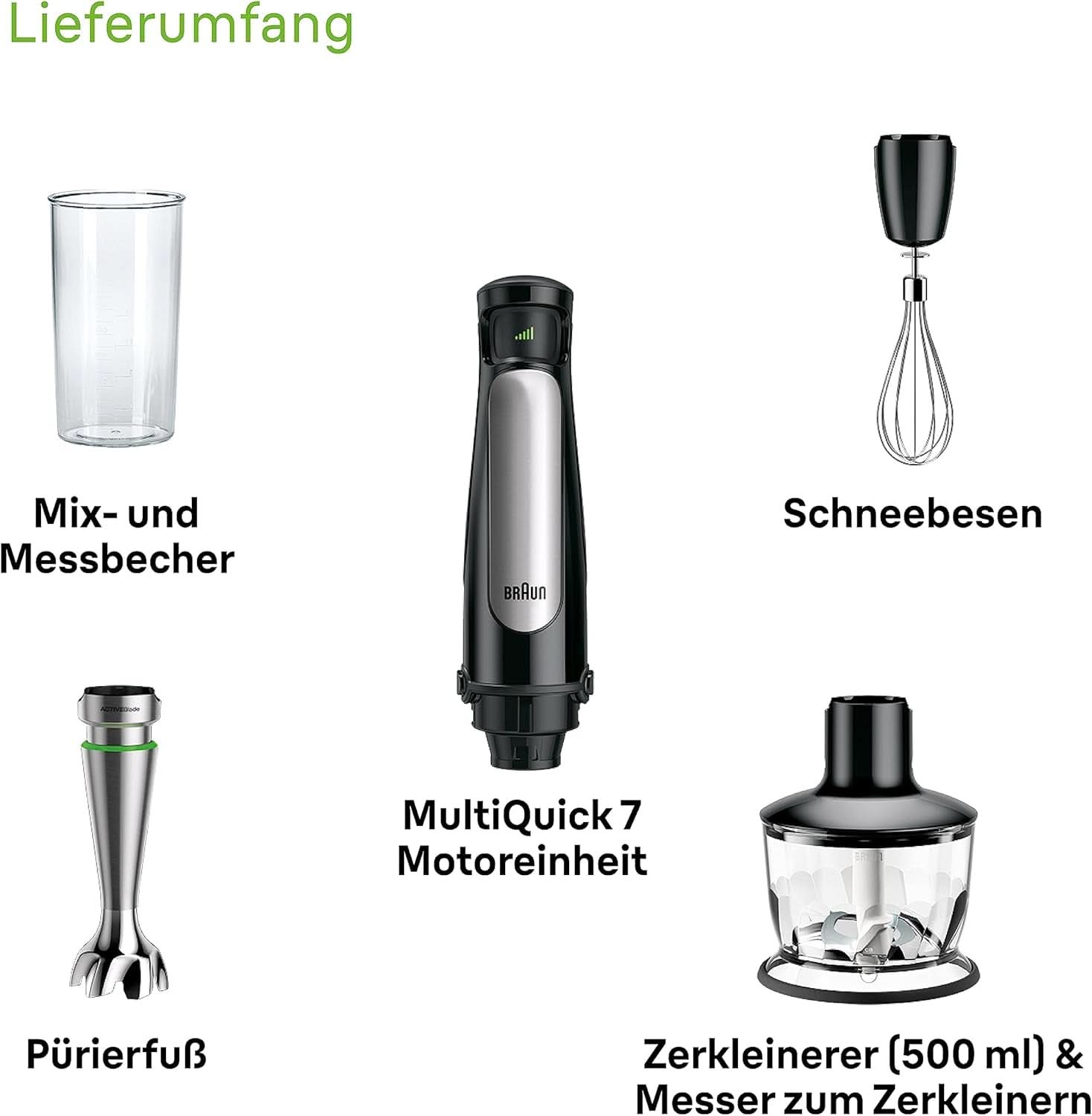 Braun Multiquick 7 MQ 7035X Stabmixer - Pürierstab Mit Abnehmbarem Edelstahl Mixfuß Mit Activeblade Technologie Zum Pürieren Der Härtesten Zutaten, Inkl. 3-Teiliges Zubehör Set, 1000 Watt, Schwarz Bucatarie Naty Shop