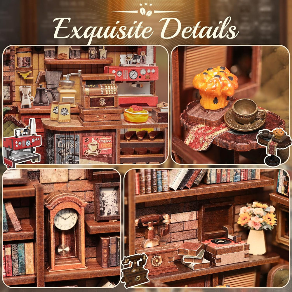 CUTEBEE Kit d'angle de livre – Maisons de poupée à monter soi-même, kit de construction de maison miniature éclairée par LED pour adultes, puzzle 3D en bois et support de livre – Décoration d'étagère et cadeau (coin café)