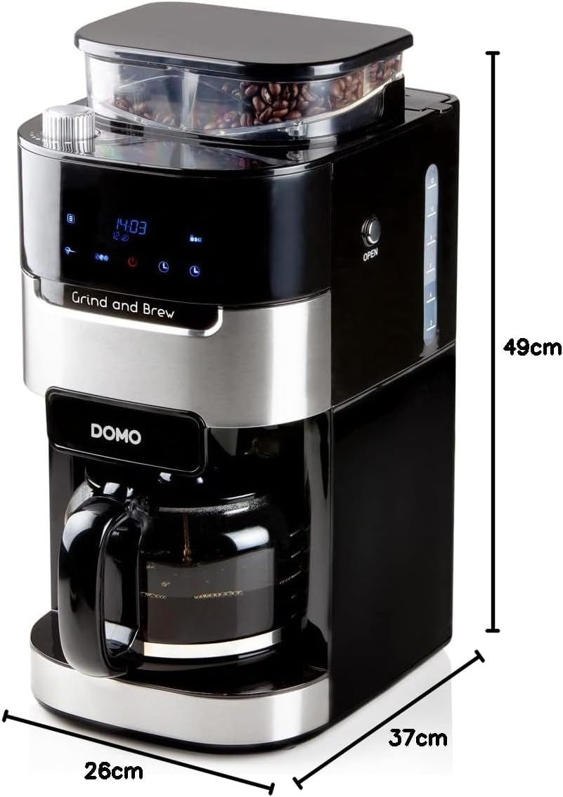 Machine à expresso DOMO DO721K "Grind and Brew" - Fonction Bean-to-Cup - Écran LCD - Pour café moulu ou grains entiers - 1,5 L