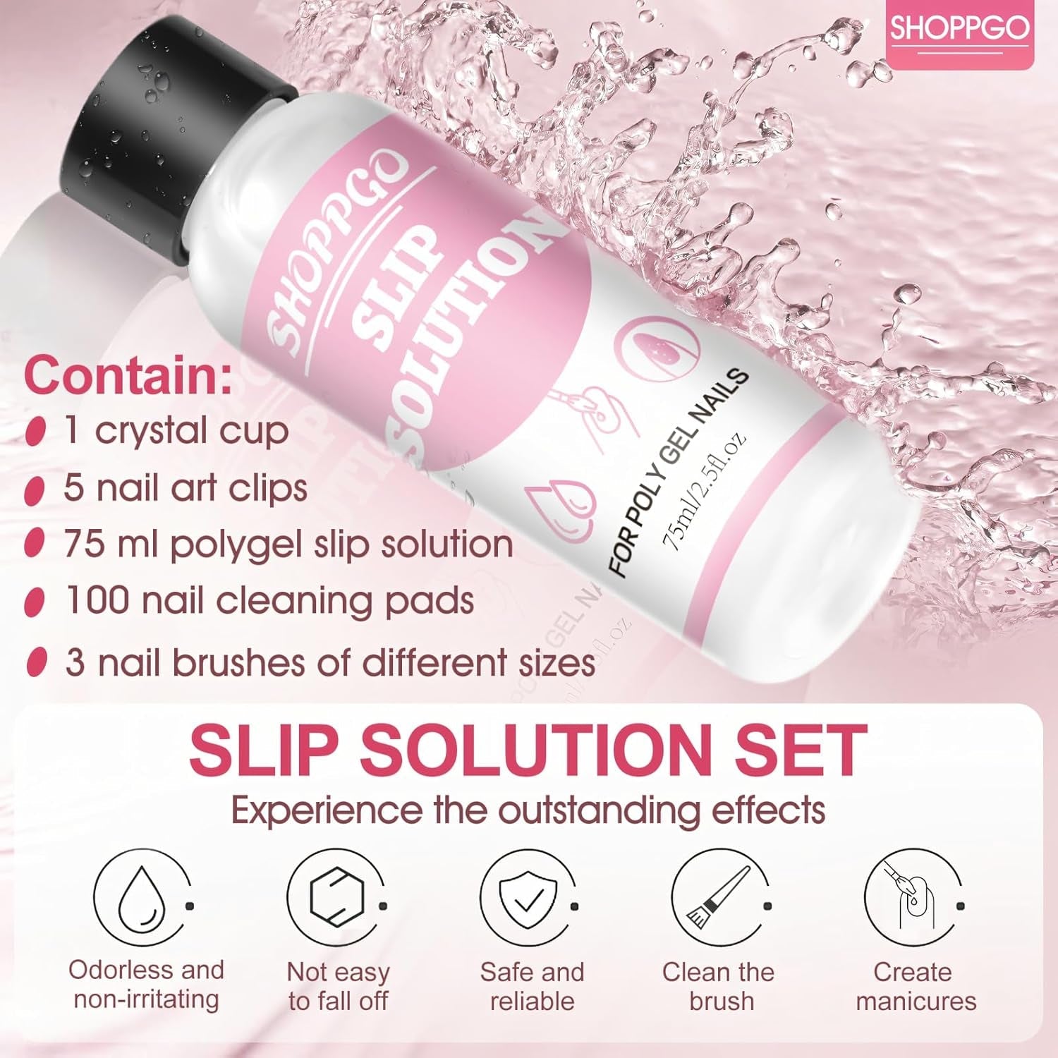 Solution de lissage Polygel, kit de solution de glissement Polygel, solution de lissage 75 ml, comprend 5 pinces à ongles, 3 brosses à ongles, 1 tasse en cristal, 100 feuilles de nettoyage