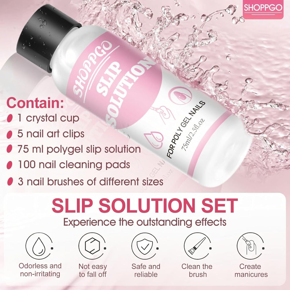 Solution de lissage Polygel, kit de solution de glissement Polygel, solution de lissage 75 ml, comprend 5 pinces à ongles, 3 brosses à ongles, 1 tasse en cristal, 100 feuilles de nettoyage