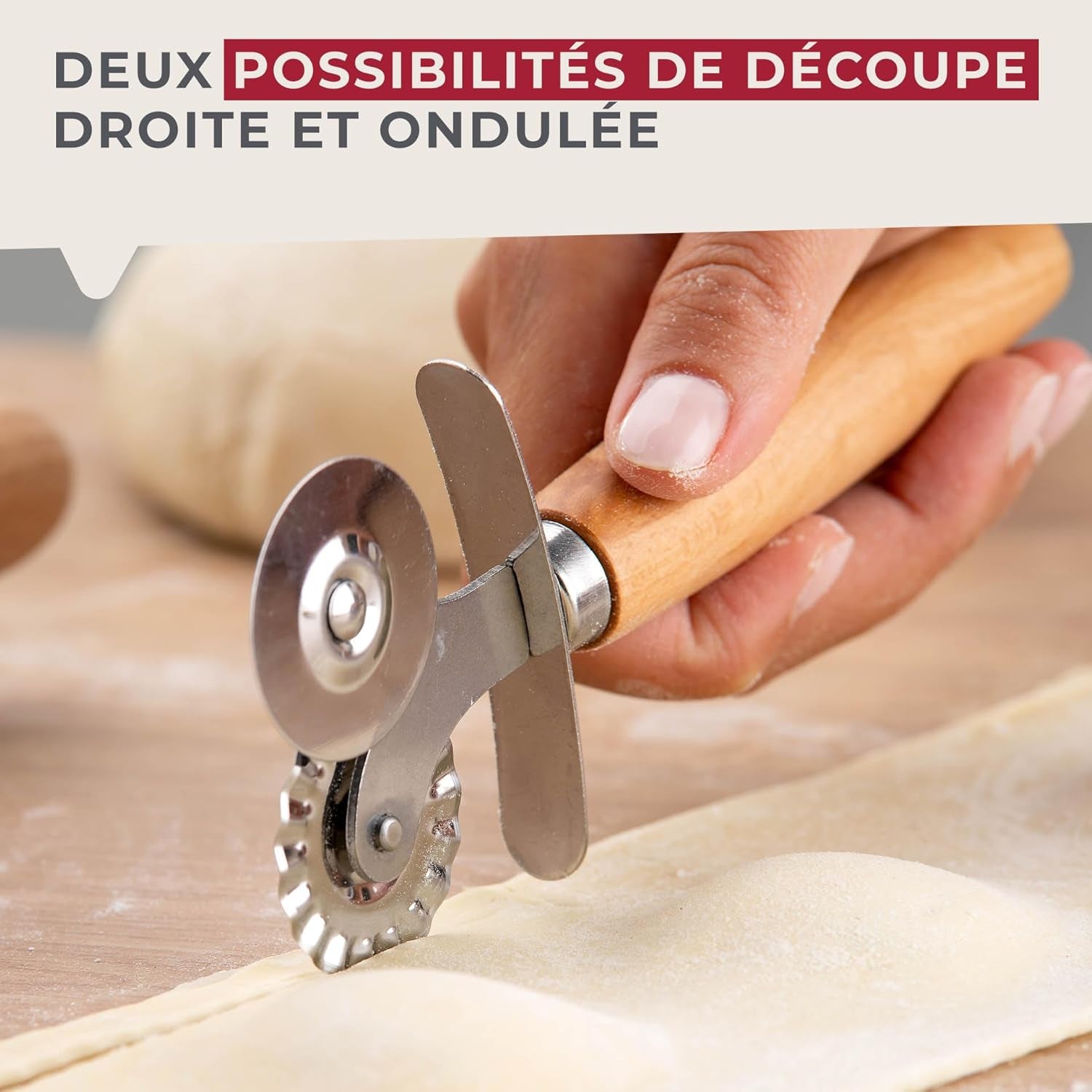 Roulette à pâtisserie Fackelmann pour raviolis, Maultaschen ou biscuits - Roulette à pâtisserie en alliage de zinc en acier inoxydable - pour pâtes maison - Manche ergonomique en bois de hêtre