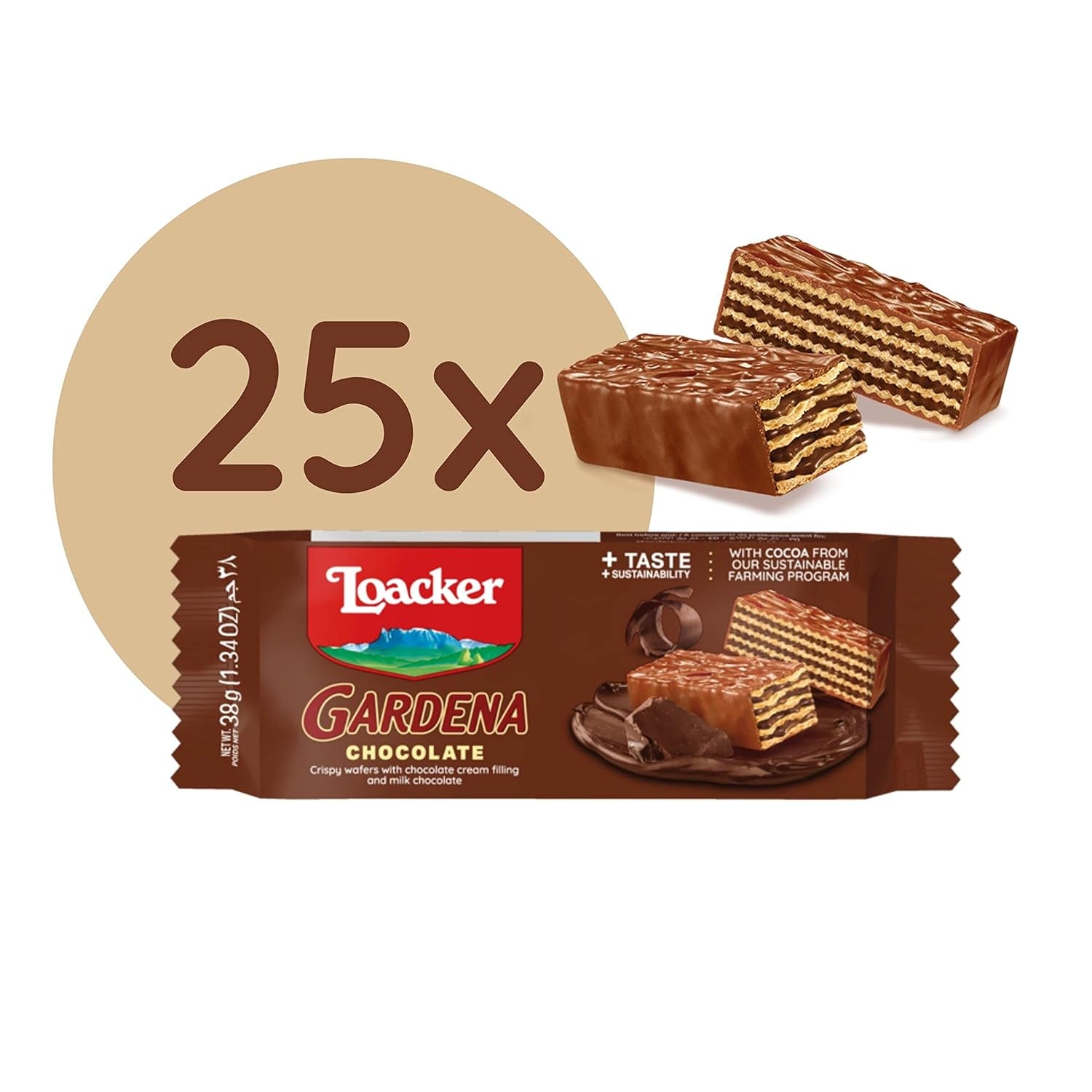 Loacker Gardena (Chocolat) • Gaufrettes recouvertes de chocolat au lait et fourrées à la crème fine au chocolat • Biscuits gaufrettes, grand paquet (25 x 38g)