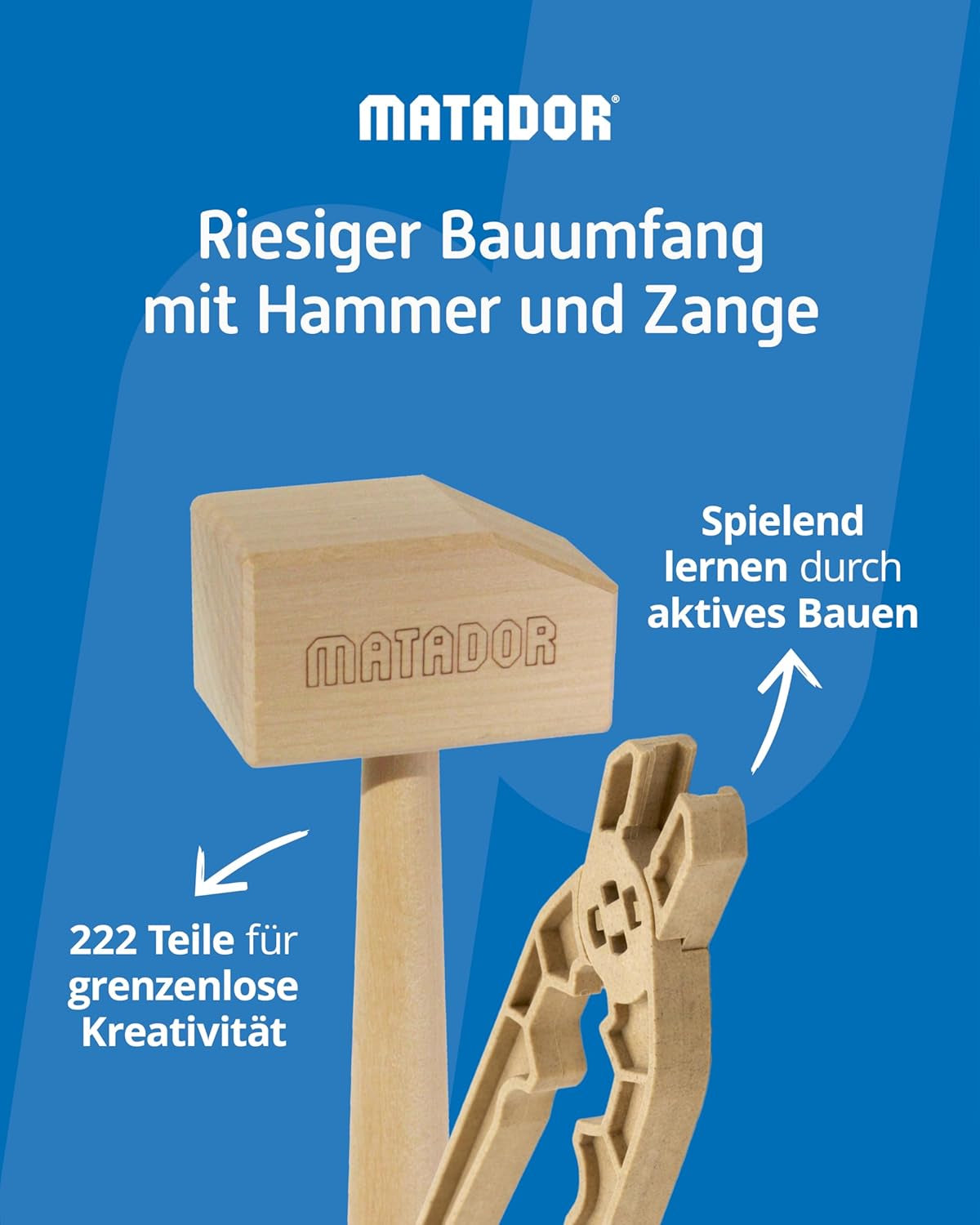 Matador Kinder Baukasten ab 5 Jahren 222-tlg. - Spannendes Holz Konstruktionsspielzeug zur Schulung von Kreativität und Feinmotorik, Bauspielzeug mit Stäbchen, Klötzen, Hammer & Zange