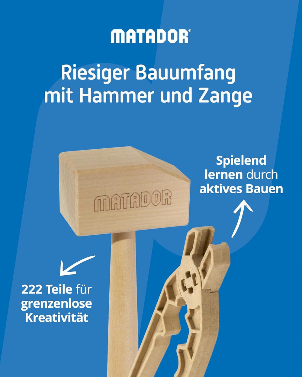 Matador Kinder Baukasten ab 5 Jahren 222-tlg. - Spannendes Holz Konstruktionsspielzeug zur Schulung von Kreativität und Feinmotorik, Bauspielzeug mit Stäbchen, Klötzen, Hammer & Zange