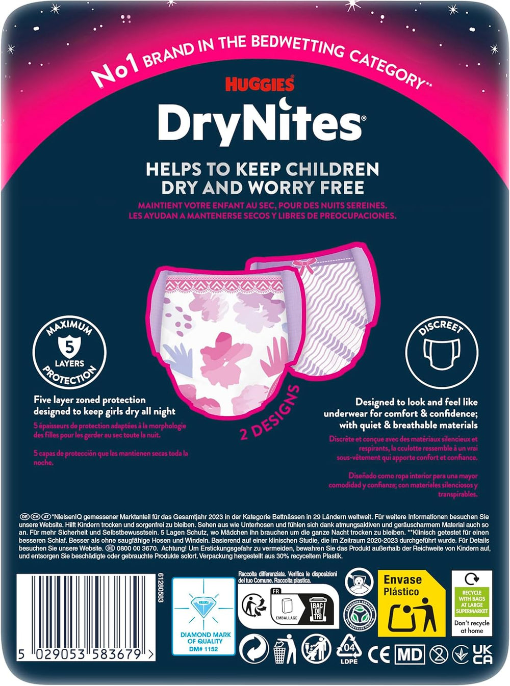 Huggies DryNites Couches pour énurésie nocturne pour filles de 13 à environ 17 ans (48-60 kg), lot de 27 couches (3 x 9) par mois