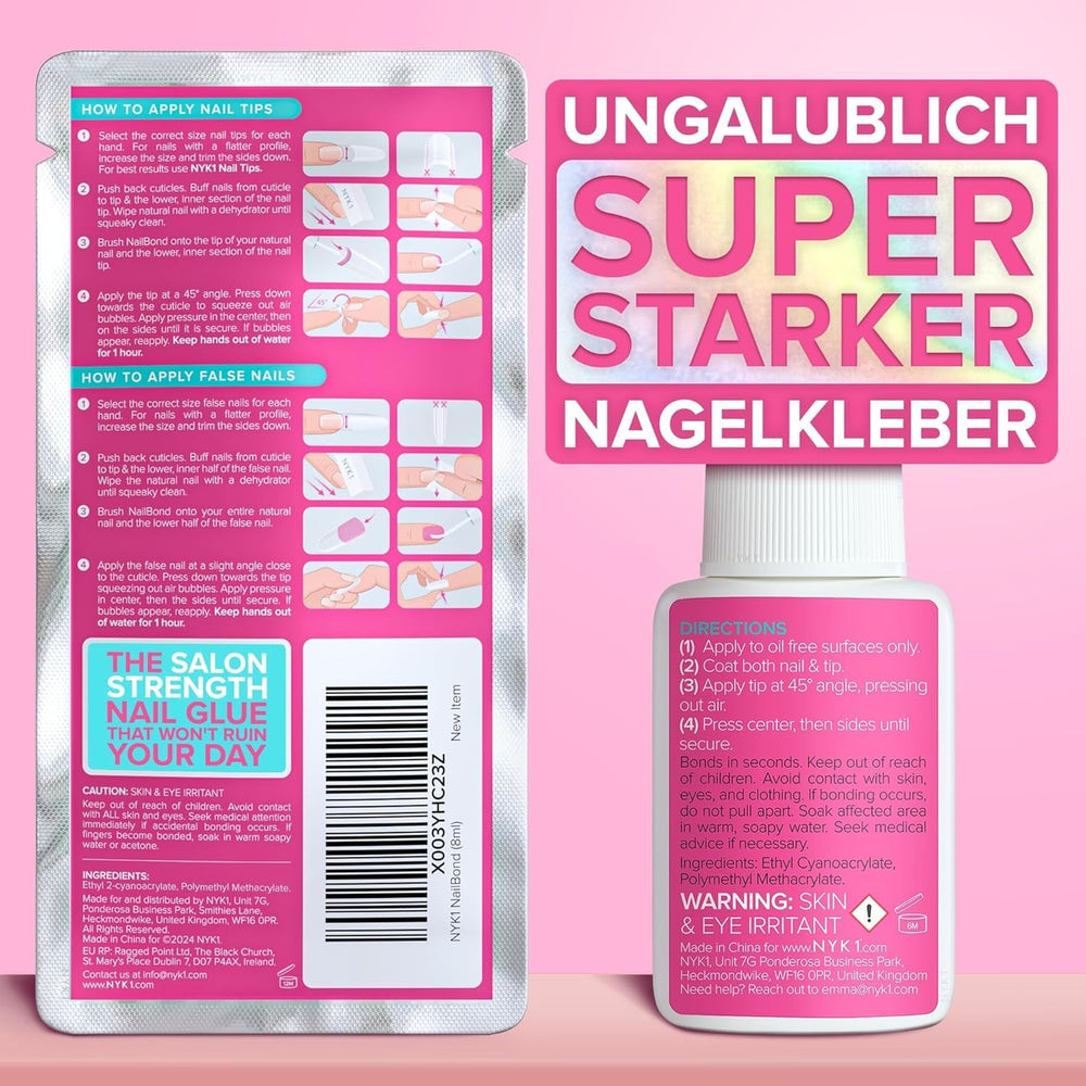 NYK1 Nailbond Colle à Ongles Artificiels Extra Forte (8 ml) Colle à Ongles avec Brosse pour Pointes, Ongles à Presser et Ongles Acryliques Colle à Ongles - Colle à Ongles Craqués Colle à Ongles Antifongique