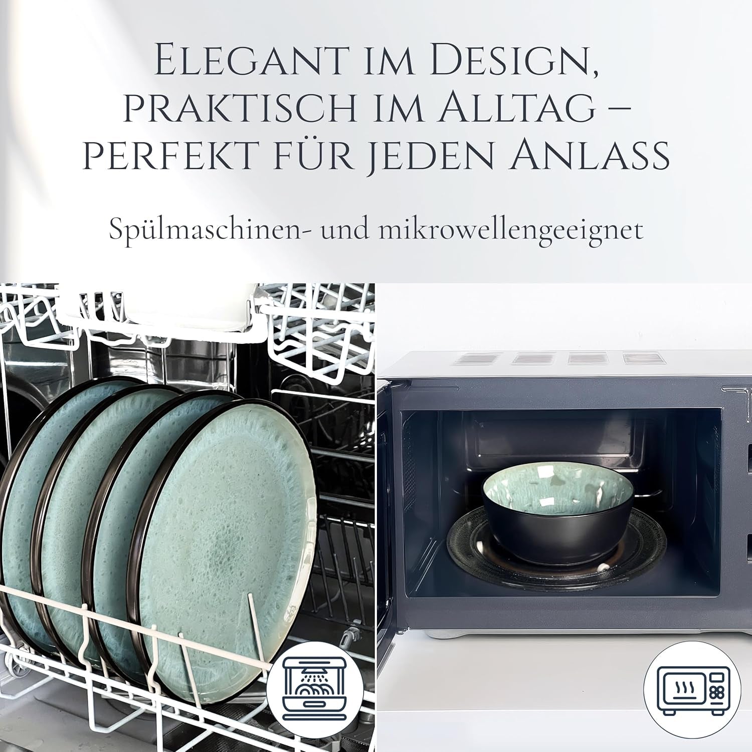 Service de table 24 pièces en grès cérame pour 6 personnes, design Ibiza, GAGNANT DU TEST. Un magnifique ensemble de vaisselle méditerranéenne comprenant des bols et des assiettes. Service de table Pure Living, vert sauge.