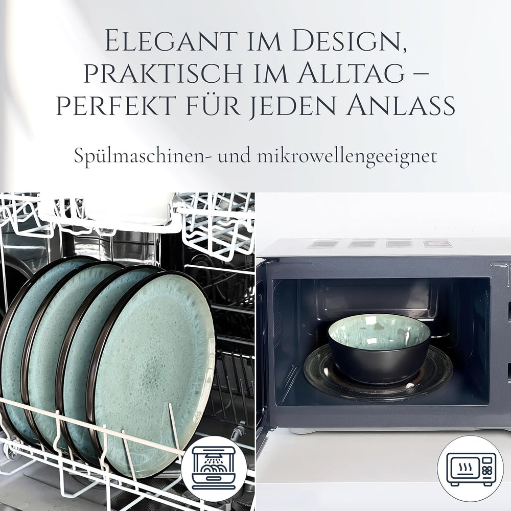 Service de table 24 pièces en grès cérame pour 6 personnes, design Ibiza, GAGNANT DU TEST. Un magnifique ensemble de vaisselle méditerranéenne comprenant des bols et des assiettes. Service de table Pure Living, vert sauge.